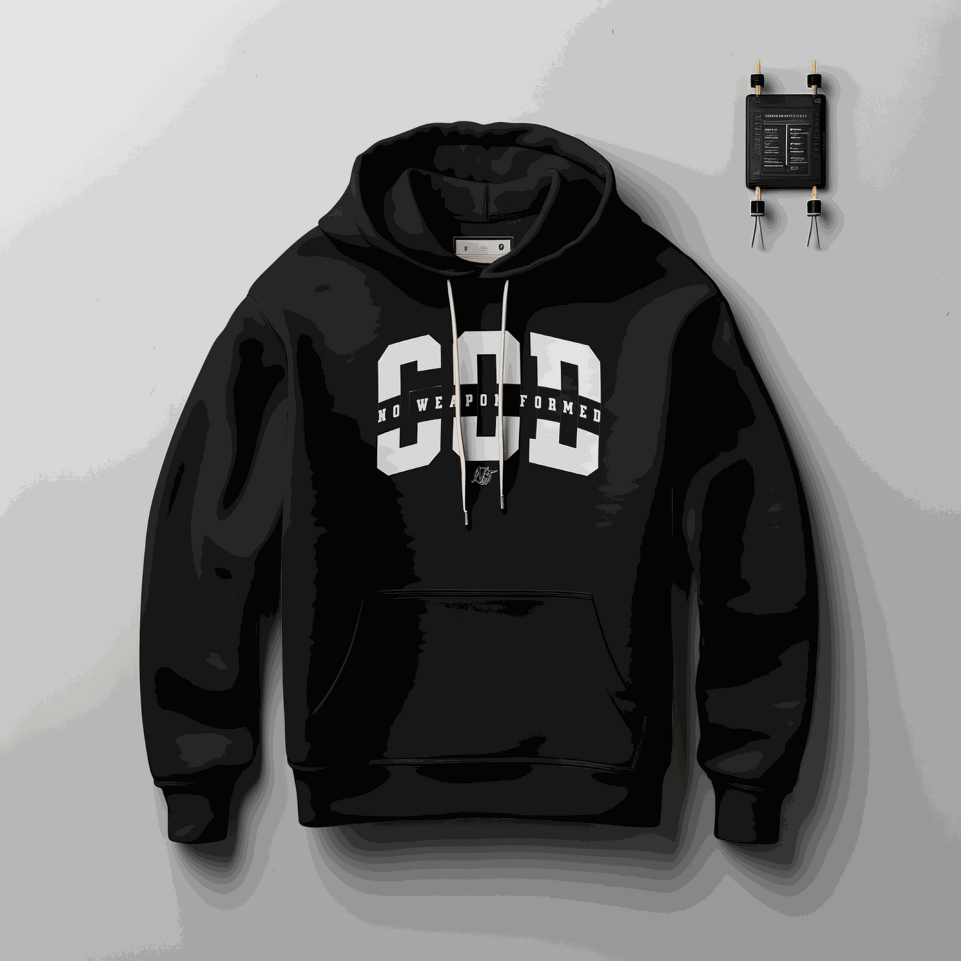Black No Weapon Formed Hoodie with bold GOD and faith-based typography on front