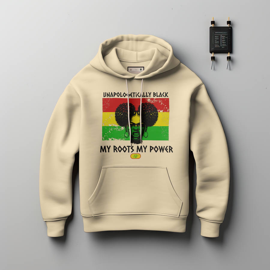 UNAPOLOGETICALLY BLACK HOODIE with vintage distressed Afrocentric design and Pan-African colors representing Black pride and heritage