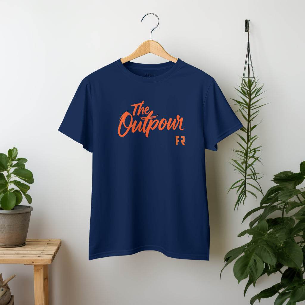 Outpour Tee with bold text symbolizing faith and generosity on soft cotton shirt