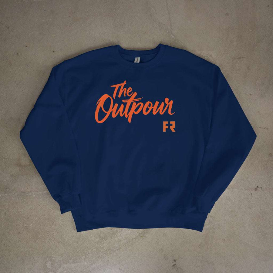 Outpour Sweatshirt with bold chest text symbolizing faith and generosity in a minimalist design