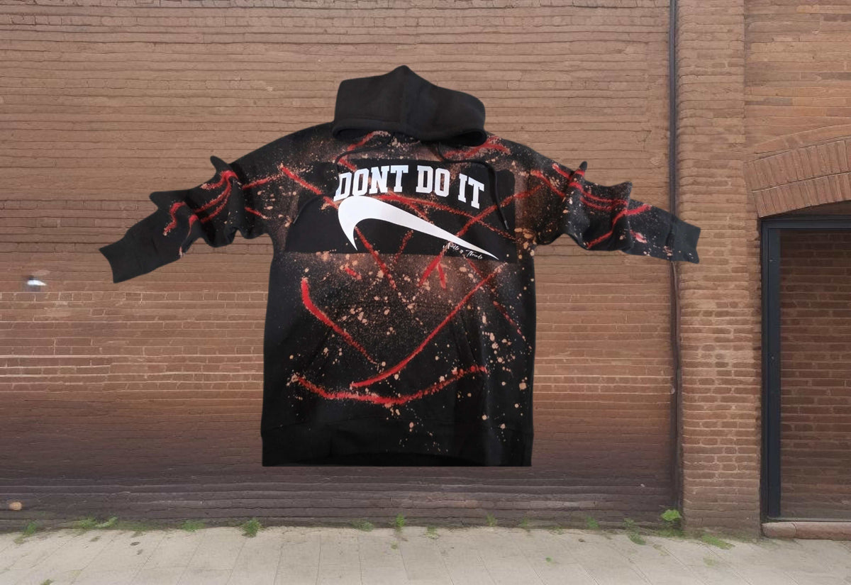 ThreadStitch Chaos Hoodie hand-bleached with "DON'T DO IT" graphic and red streaks streetwear style