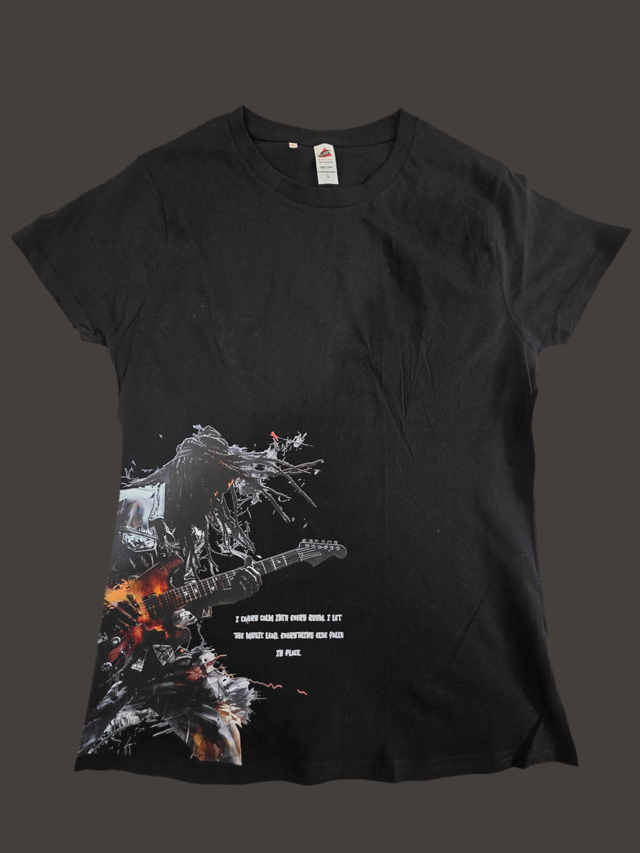 Women’s Bob Marley tee by Needle n Threads with iconic guitar image and empowering music quote