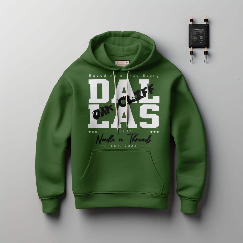 Oak Cliff Hoodie with North Dallas graphic and Texas star design on soft cotton blend fabric