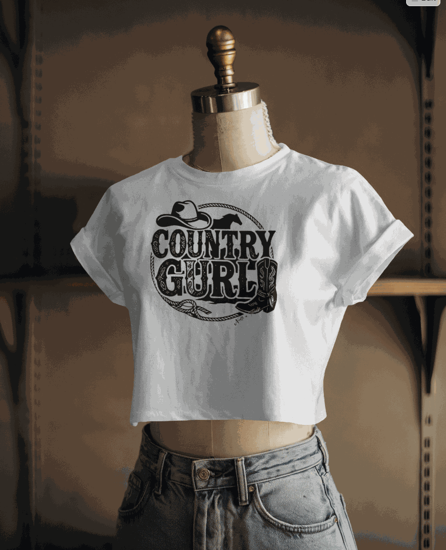 Country Gurl crop top with boot and cowboy hat graphic for southern style and western wear