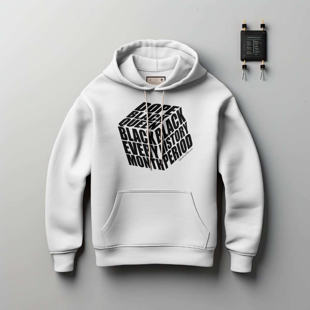 Dope Black Queen Hoodie luxury cotton with bold Black History Month quotes and cube design