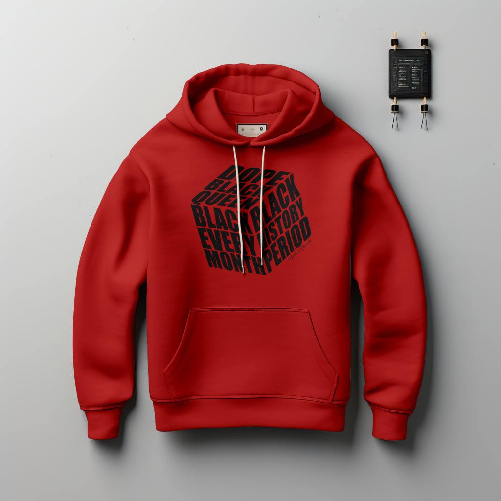 Dope Black Queen Hoodie luxury cotton with bold Black History Month quotes and cube design