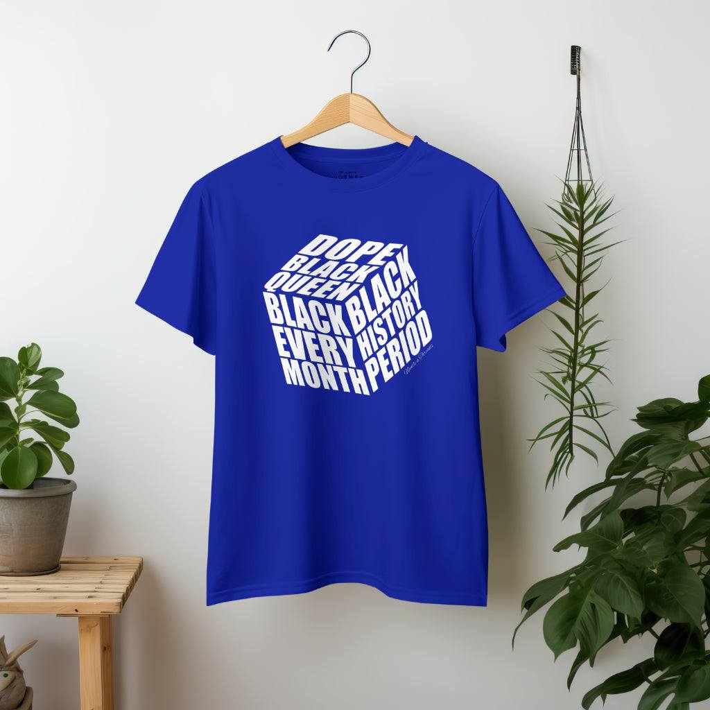 Dope Black Queen Tee luxury cotton with bold cube design and empowering Black History Month quotes