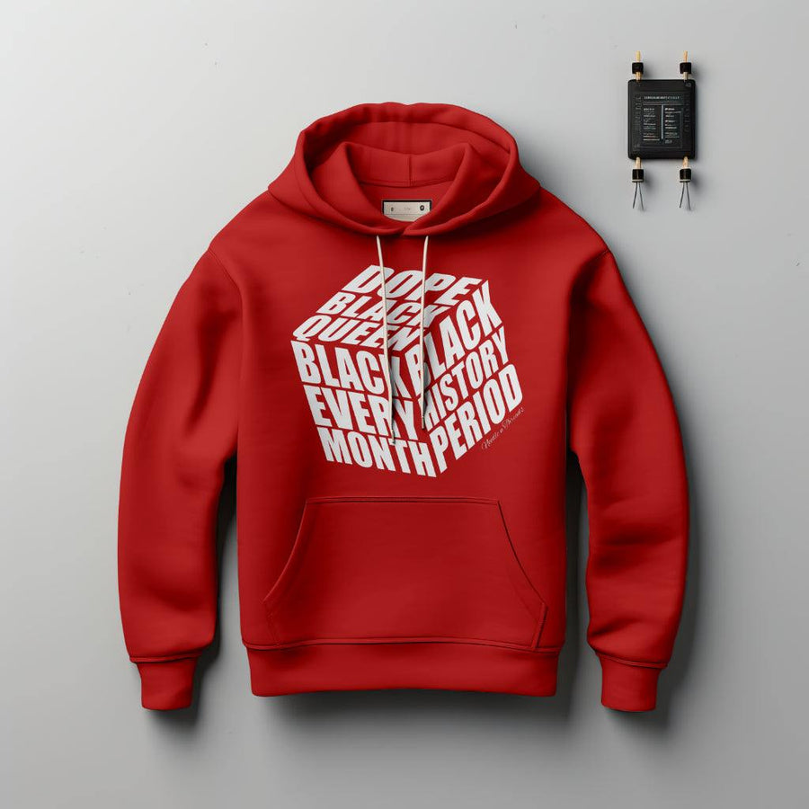 Dope Black Queen Hoodie luxury cotton with bold Black History Month quotes in cube design