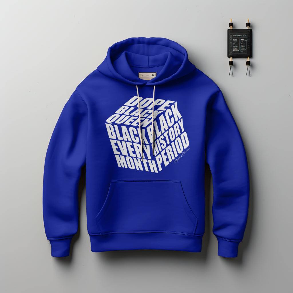 Dope Black Queen Hoodie luxury cotton with bold Black History Month quotes in cube design