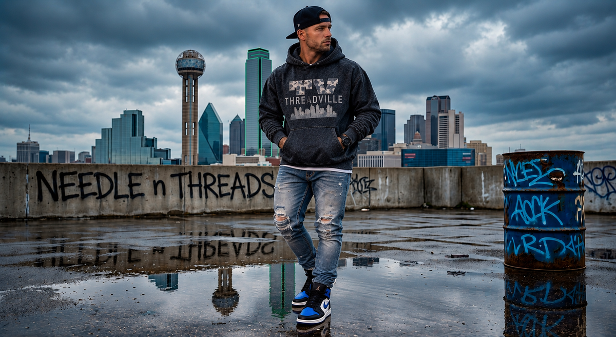 A man wearing a black hoodie with a graphic print, blue jeans, and blue and white sneakers stands on a wet rooftop in front of a city skyline under a cloudy sky. Graffiti is visible on the concrete wall and barrel.