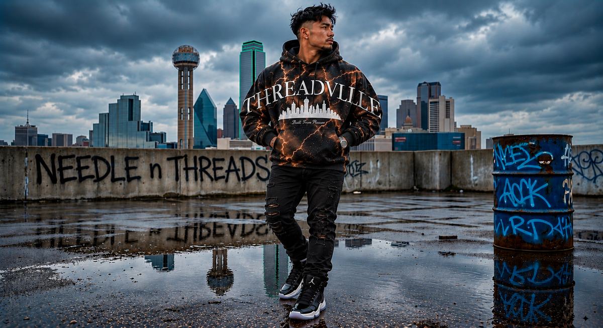 A man stands on a rooftop in Dallas, wearing a black Threadvilla hoodie with a fiery orange graphic print and a white crown logo. The background features the Dallas skyline under a dramatic, cloudy sky, with puddles reflecting the scene and a blue graffiti-tagged barrel to his right.
