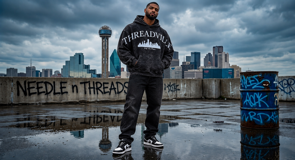 A man stands on a rooftop wearing a black Threadville hoodie and dark sweatpants, with a city skyline and cloudy sky in the background. Graffiti-covered barrels and a wet concrete ground are visible.