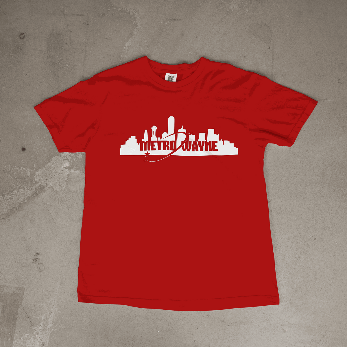Metro Wayne Tee with Dallas skyline silhouette and exclusive logo on black shirt