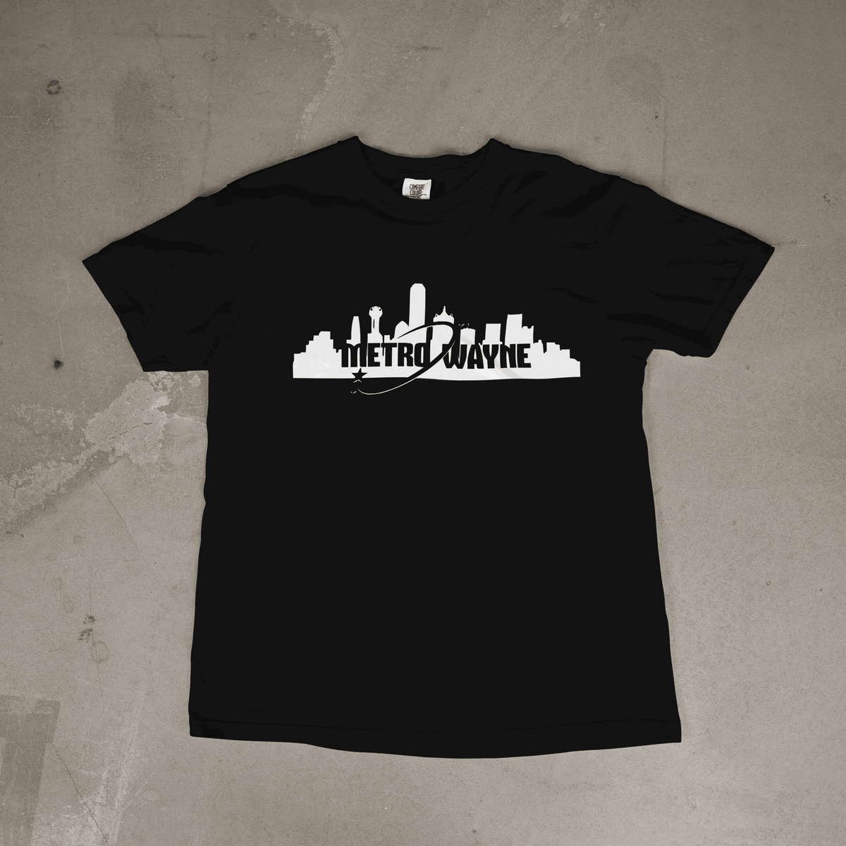 Metro Wayne Tee featuring Dallas skyline silhouette and official Metro Wayne logo in black streetwear style