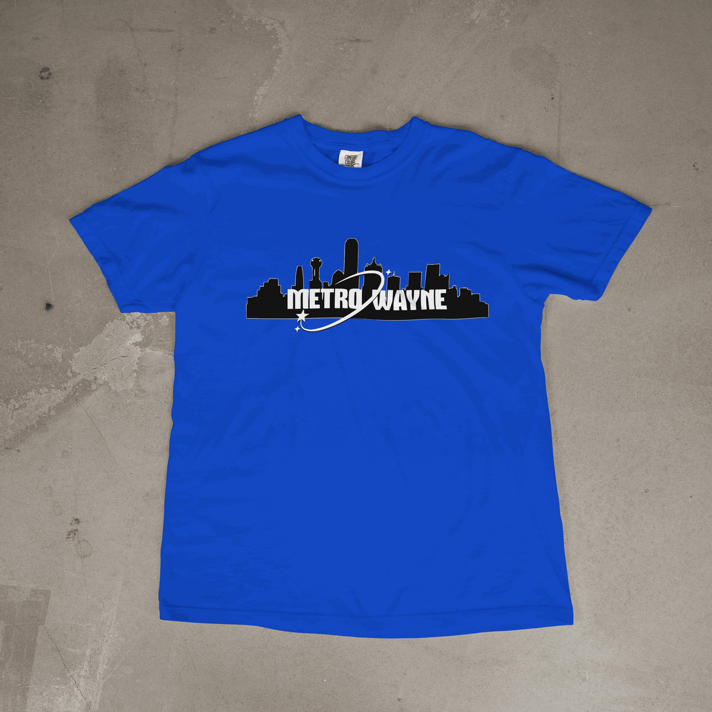 Metro Wayne Tee with Dallas skyline silhouette and exclusive logo on black shirt