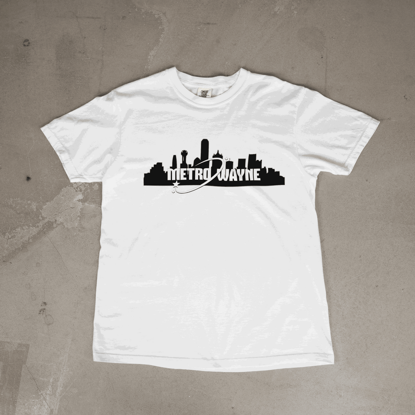 Metro Wayne Tee featuring Dallas skyline silhouette and official Metro Wayne logo on black shirt