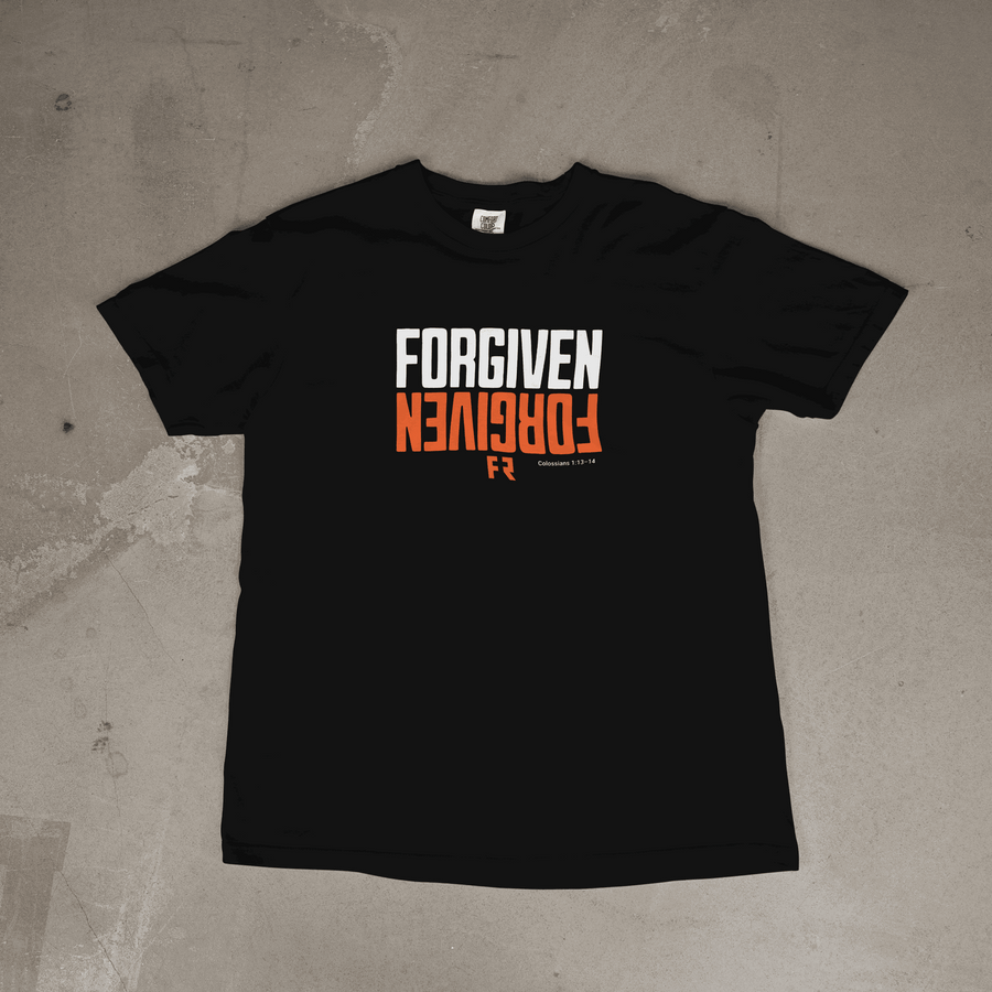 Black Forgiven Tee with clean typography and soft cotton blend fabric