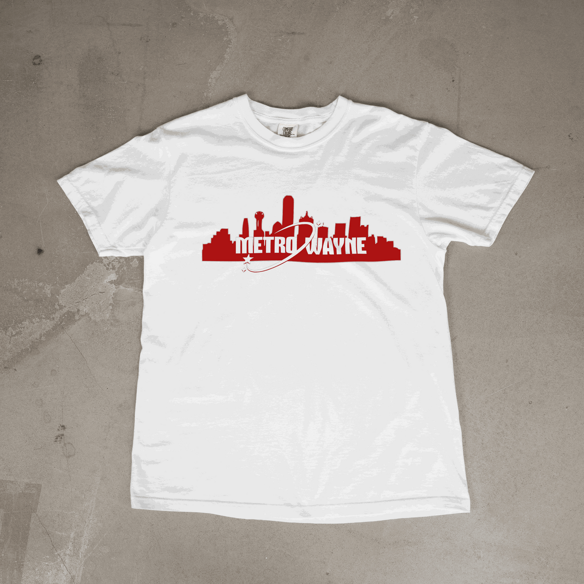 Metro Wayne Tee with Dallas skyline silhouette and exclusive logo on black shirt