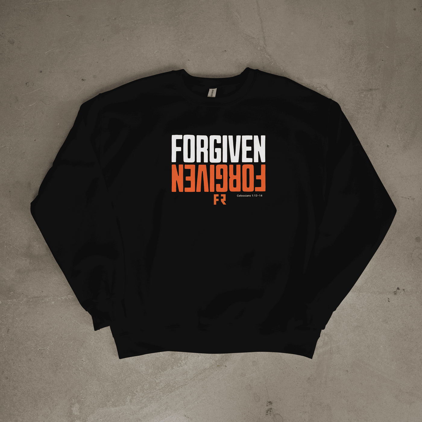 Forgiven sweatshirt with bold typography on soft cotton blend fabric