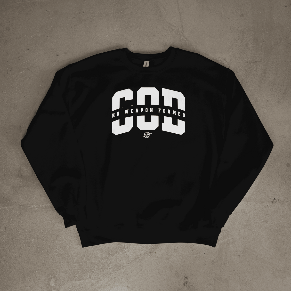 No Weapon Formed Sweatshirt with bold GOD text and faith statement on comfortable cotton-blend hoodie