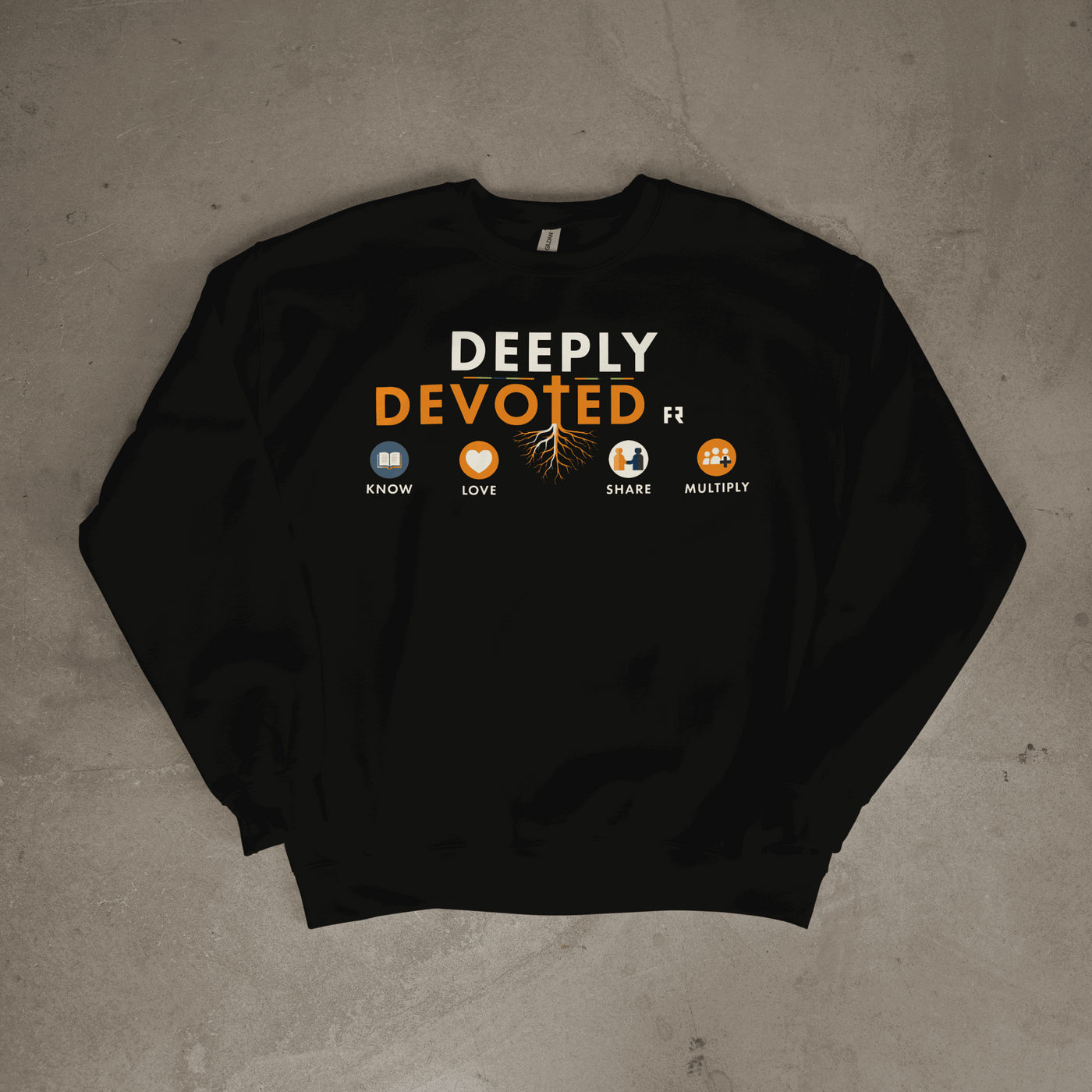 Deeply Devoted sweatshirt with faith-based design featuring Know, Love, Share, Multiply pillars