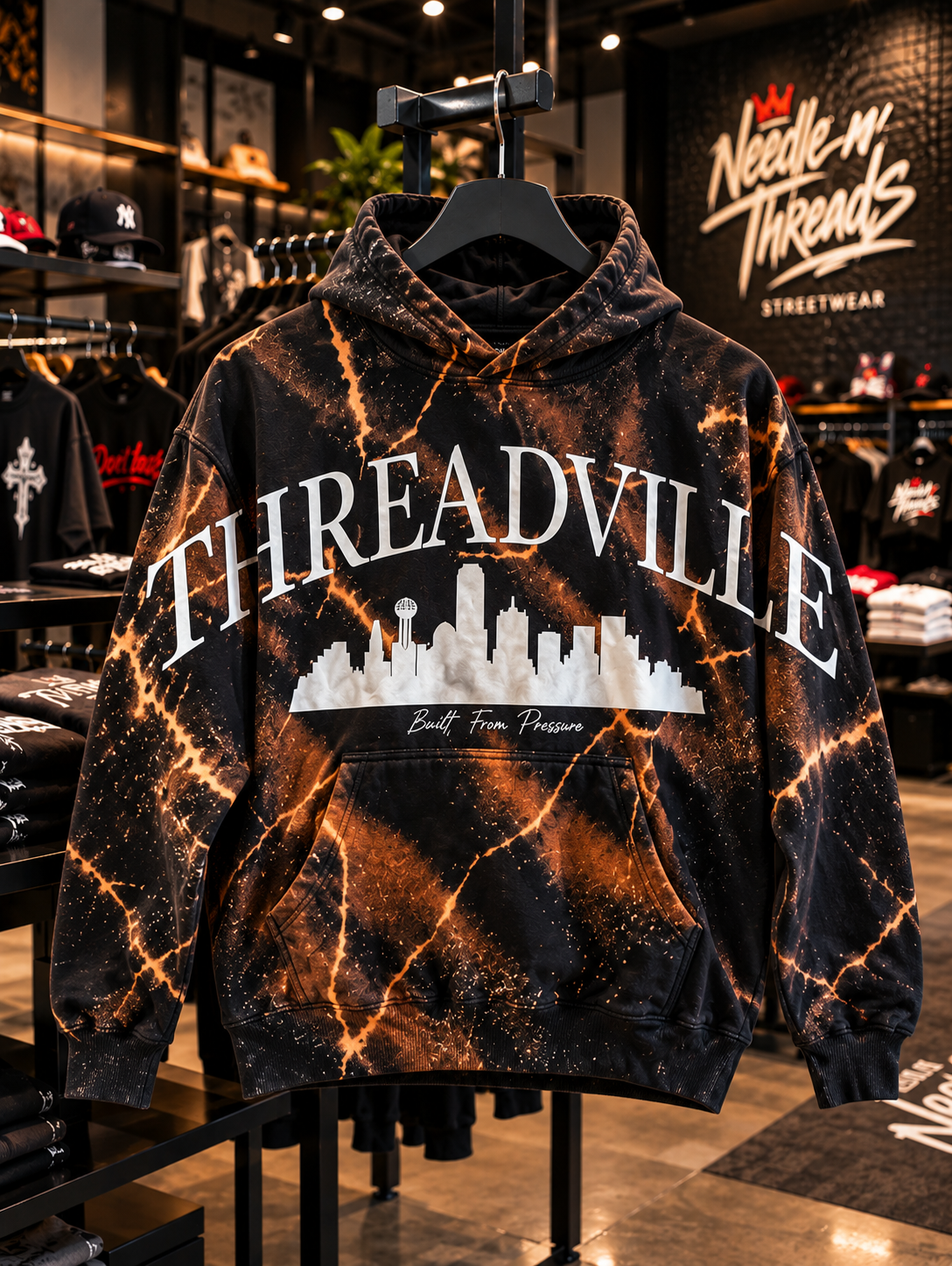 A black and orange marbled hoodie with a white 'THREADVILLE' city skyline graphic on the front, hanging on a display stand inside a retail store.