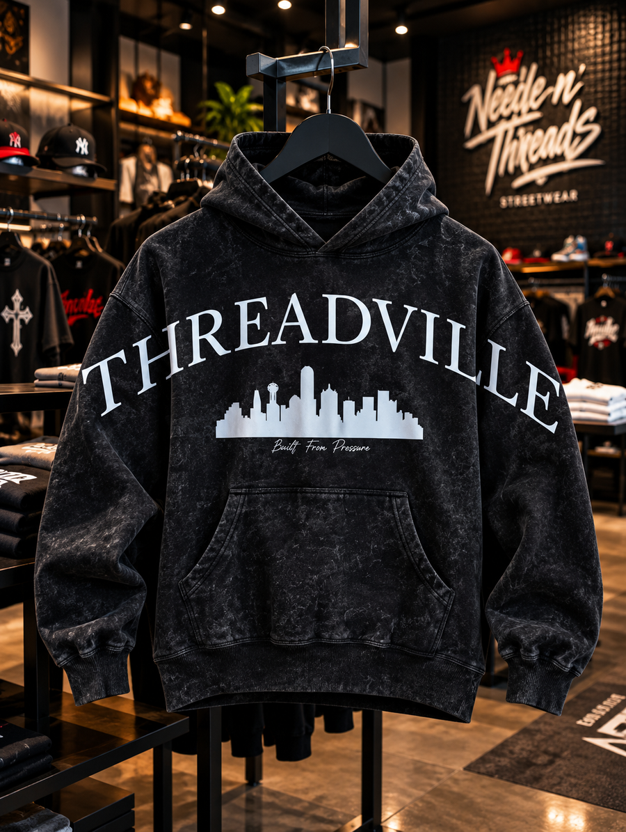 A black acid-wash pullover hoodie with a large white 'THREADVILLE' text and skyline graphic on the front, displayed on a hanger inside a retail store.