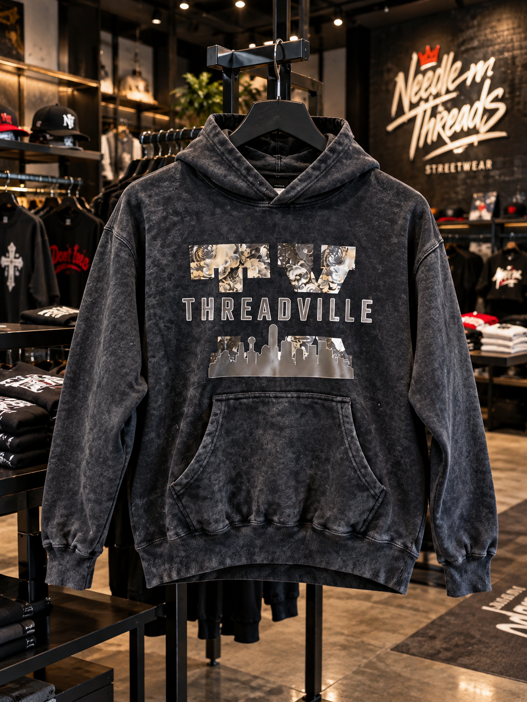 A dark gray acid-wash pullover hoodie with a 'TV THREADVILLE' graphic on the front, hanging on a black hanger in a retail store display.