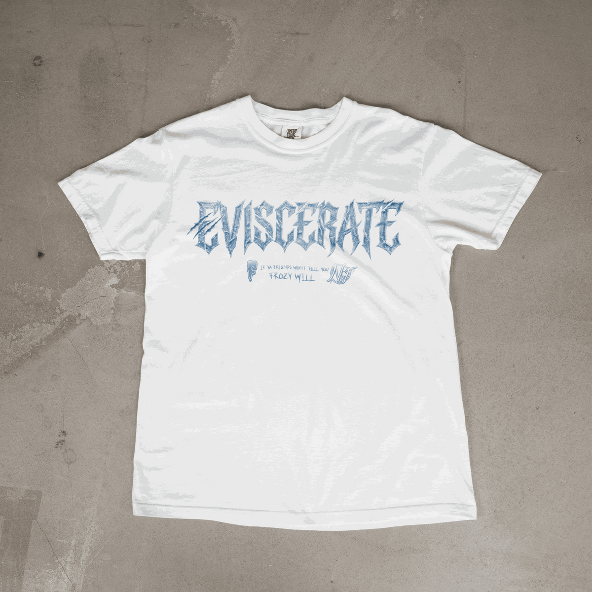 Eviscerate Graphic Tee with ice-blue gothic design on premium cotton by Needle n Threads