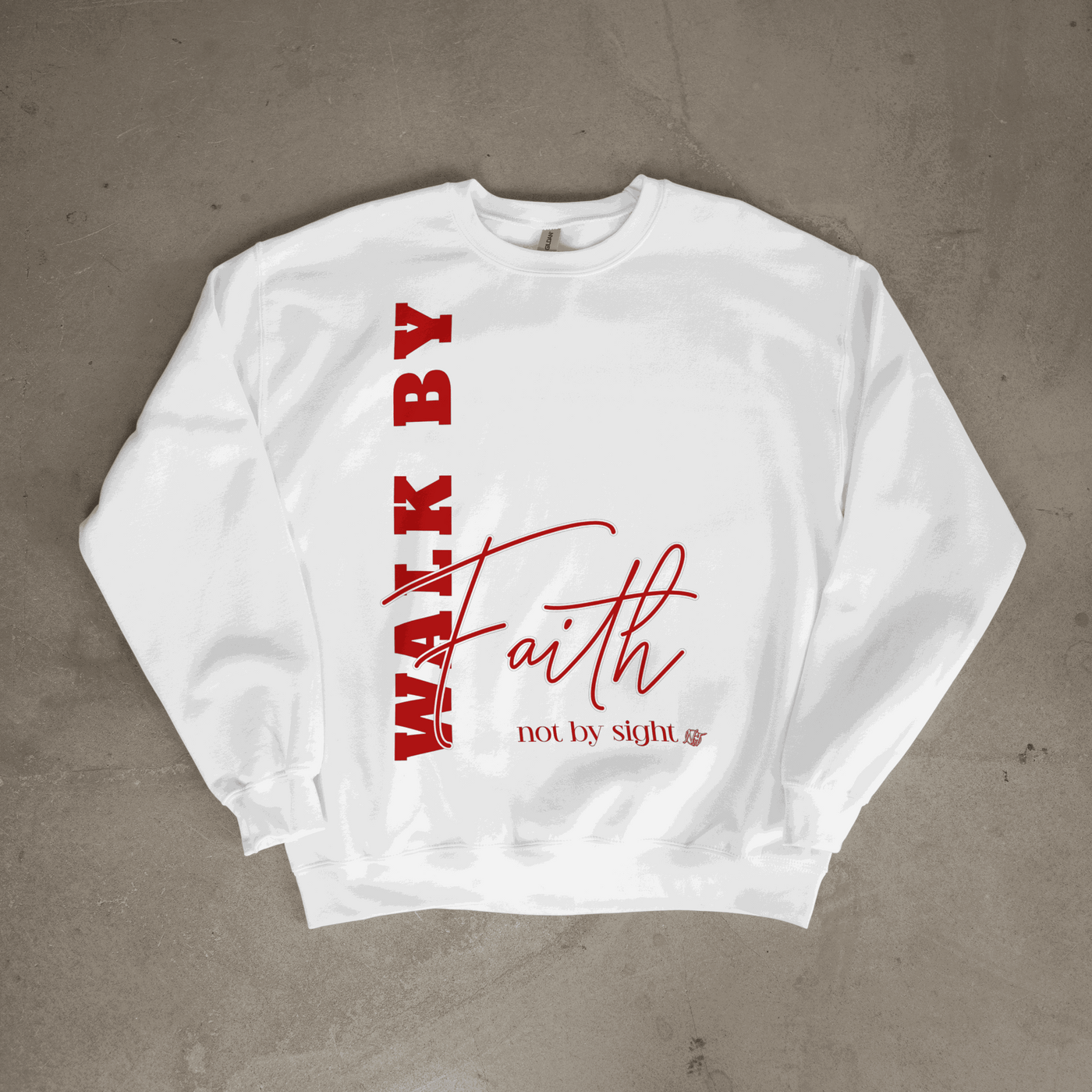 Walk By Faith crewneck sweatshirt with vertical typography, spiritual message, and cozy cotton-blend fleece in multiple colors