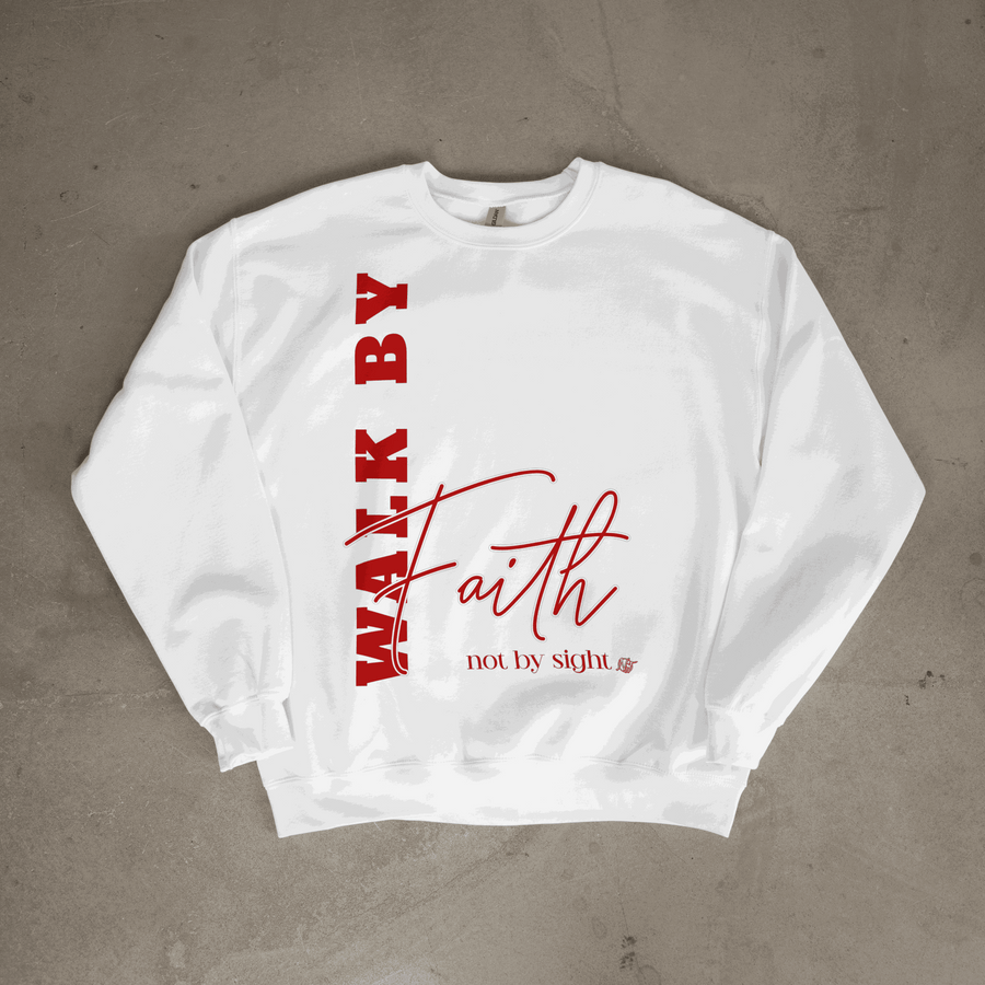 White sweatshirt with red text 'WALK BY FAITH not by sight' on a gray background